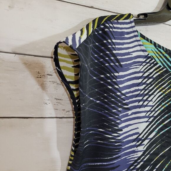 LOFT Tropical Peacock Palm Leaves Abstract Short Cap Sleeve Striped Top Blouse S - Picture 3 of 8